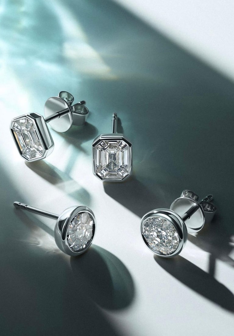 Emerald Shape Studs Diamond White Gold Earrings for Her - 2