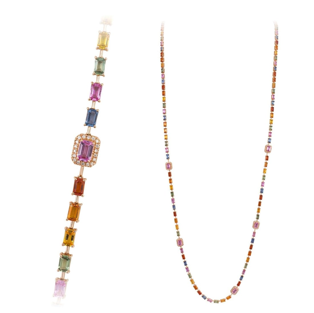 Precious Multi Sapphire Diamond White 18K Gold Necklace for Her: Title: Precious Multi Sapphire Diamond White 18K Gold Necklace for Her Description: Emerald 18K White Gold Diamond Necklace Diamond : 0.41 Cts / 90 Pcs Multi Sapphire : 41.77 Cts / 119 Pcs Total