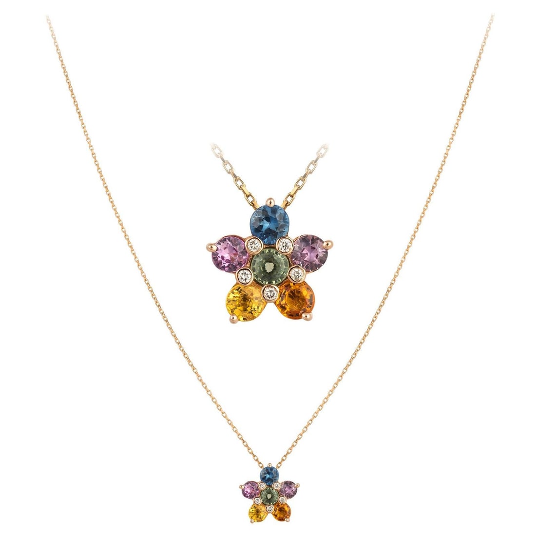 Breathtaking Multi Sapphire Diamond 18K Rose Gold Necklace for Her: Title: Breathtaking Multi Sapphire Diamond 18K Rose Gold Necklace for Her Description: NECKLACE 18K Rose Gold Diamond 0.06 Cts/5 Pcs Multi Sapphire 1.88 Cts/6 Pcs Reserve: $1,003.00 Shipping: Domestic