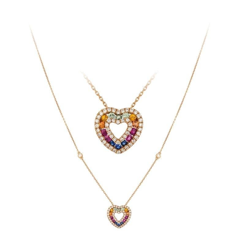 Fashion Multi Sapphire Fine Jewellery Rose Gold Heart Necklace: Title: Fashion Multi Sapphire Fine Jewellery Rose Gold Heart Necklace Description: Necklace Rose Gold 18K Diamond 0.35 Cts/48 Pcs Multi Sapphire 0.84 Cts/14 Pcs 1 PG Length 43 Cms With a heritage of