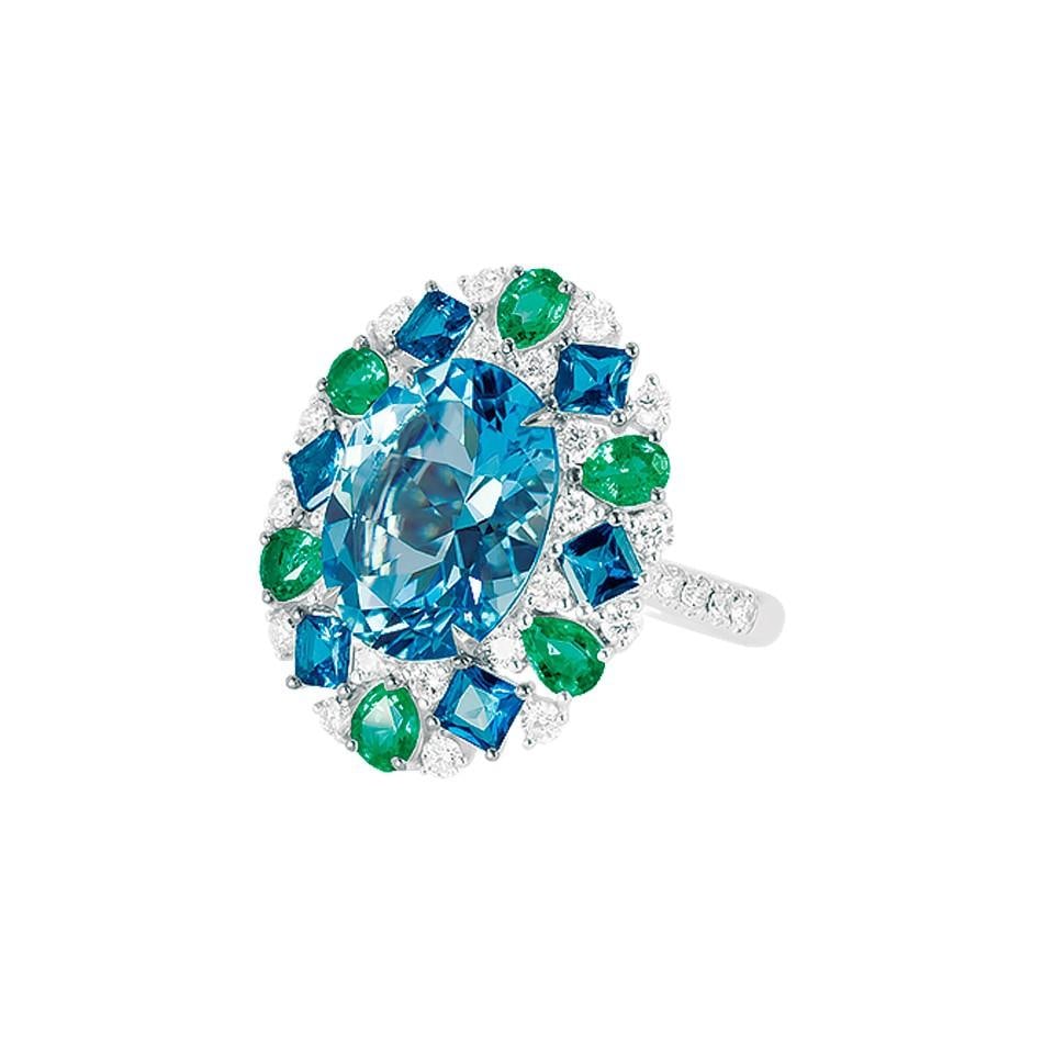 Natkina Three-Stone Diamond Blue Topaz Rare Emerald 18 Karat White Gold Ring (1 of 5)