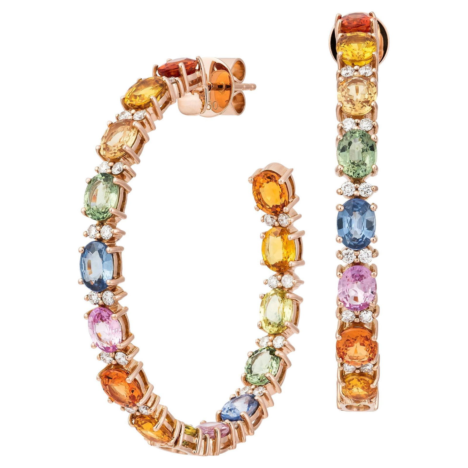 Rainbow Hoop Multi Sapphire Pink Gold 18K Earrings Diamond for Her: Title: Rainbow Hoop Multi Sapphire Pink Gold 18K Earrings Diamond for Her Description: EARRING 18K Pink Gold Diamond 0.70 Cts/52 Pcs Multi Sapphire 13.87 Cts/30 Pcs Reserve: $3,146.00 