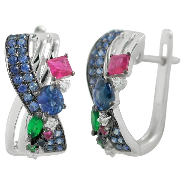 Natkina Blue Sapphire Ruby Tsavorite Diamond Lever-Back Precious Earrings: Title: Natkina Blue Sapphire Ruby Tsavorite Diamond Lever-Back Precious Earrings Description: An unprecedented combination: The vibrant colors of blue sapphire, emerald and ruby celebrate a woman's