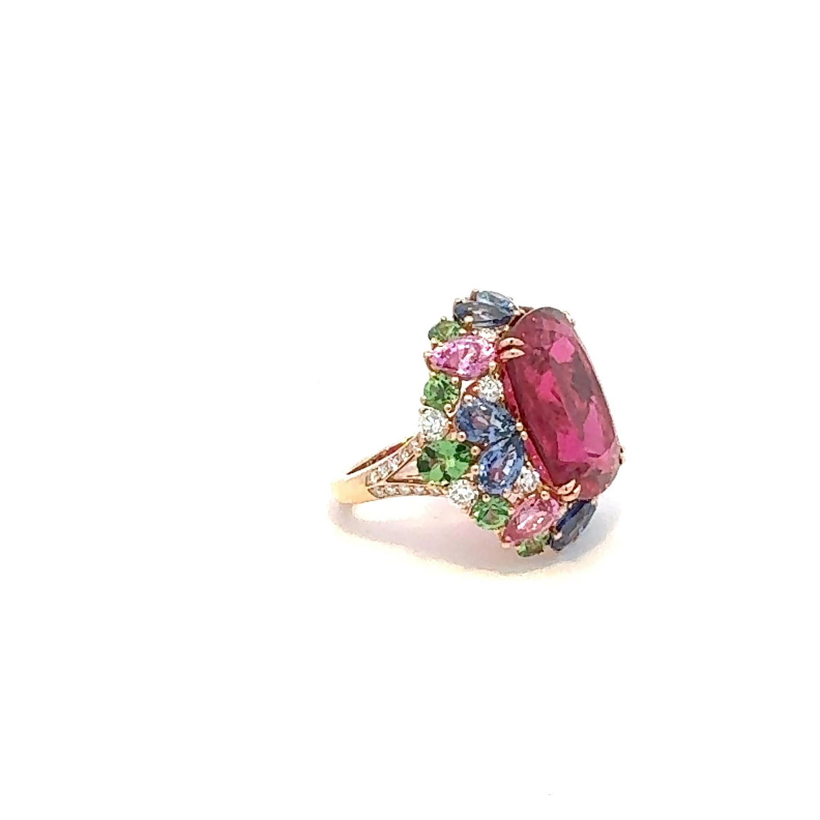 Rare Ruby Pink Sapphire Emerald Diamond 18K yellow Gold Ring For Her: Title: Rare Ruby Pink Sapphire Emerald Diamond 18K yellow Gold Ring For Her Description: Ring 18K Yellow Gold Diamonds 0.73 ct Emeralds 1.74 ct Pink sapphires 3.98 ct Rubellite 12.99 ct Weight 9,50