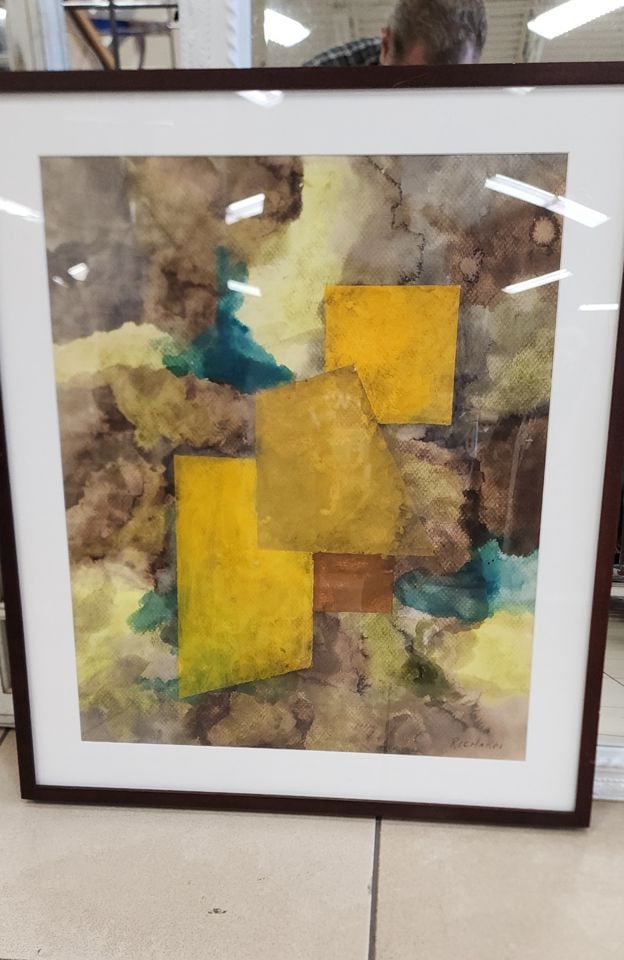 Richards, vintage abstract lithograph of original watercolor under glass. Facsimile signed.: Title: Richards, vintage abstract lithograph of original watercolor under glass. Facsimile signed. Description: Richards, vintage abstract lithograph of original watercolor under glass. Facsimile sign