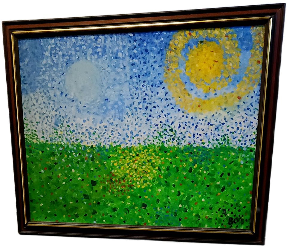 Postmodern impressionist landscape oil painting using pointillism to create vibrant surreal imagery: Title: Postmodern impressionist landscape oil painting using pointillism to create vibrant surreal imagery Description: Postmodern impressionist landscape oil painting using pointillism to create vibr