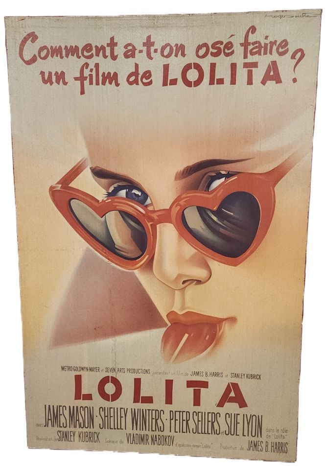 Vintage Iconic French movie poster for Stanley Kubrick's 1962 film "Lolita" Fax signed, Roger Soubie: Title: Vintage Iconic French movie poster for Stanley Kubrick's 1962 film "Lolita" Fax signed, Roger Soubie Description: Vintage Iconic French movie poster for Stanley Kubrick's 1962 film "Lolita" Fax
