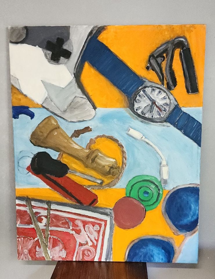 Vintage original abstract expressionist oil painting featuring contrasting objects.: Title: Vintage original abstract expressionist oil painting featuring contrasting objects. Description: Vintage original abstract expressionist oil painting featuring contrasting objects. Reserve: Pl