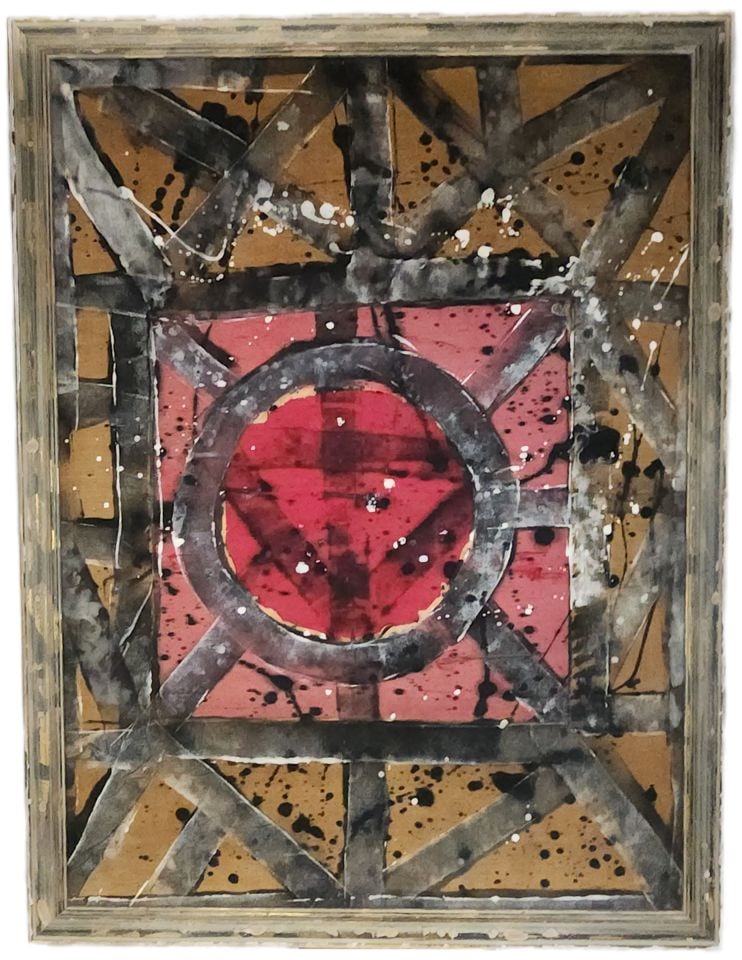 Captivating abstract mid-century brutalist mixed media painting on silk over canvas. 42"x 55": Title: Captivating abstract mid-century brutalist mixed media painting on silk over canvas. 42"x 55" Description: Captivating abstract mid-century brutalist mixed media painting on silk over canvas. 4