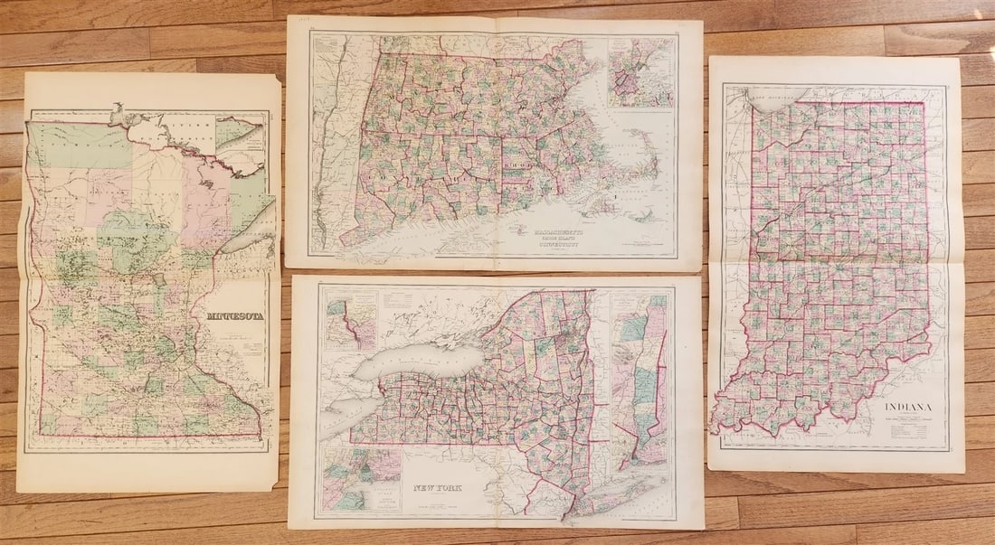 1870s LOT of 4 antique MAPS AMERICANA Indiana Minnesota New York Massachusets (1 of 5)