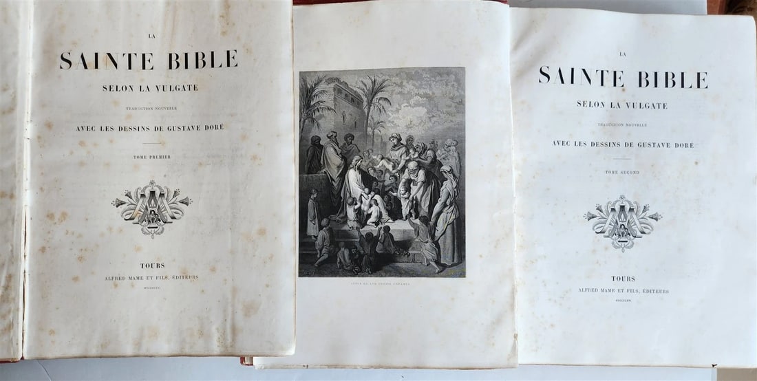 1874 BIBLE GUSTAVE DORE LLUSTRATED 2 VOLUMES MASSIVE FOLIO antique 230 plates - 3