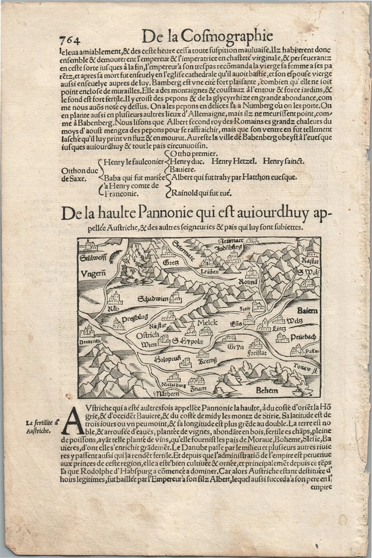 1575 PANNONIA HUNGARY VIEW LEAF from BELLEFOREST EDITION of MUNSTER COSMOGRAPHY: Title: 1575 PANNONIA HUNGARY VIEW LEAF from BELLEFOREST EDITION of MUNSTER COSMOGRAPHY Description: Francois de Belleforest (1530 – 1583) Rare view of PANNONIA, HUNGARY - AUSTRIA from 1575 Belle