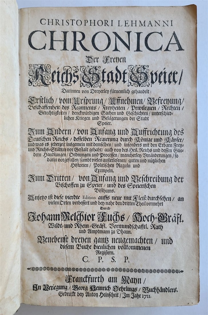 1711 GERMAN HISTORY antique Chronica of City of Speier PIGSKIN BOUND FOLIO - 2