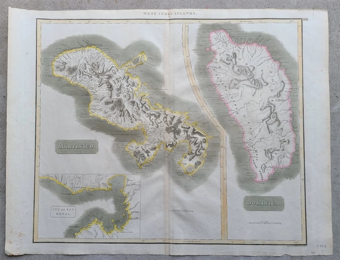1814 MAP of WEST INDIA ISLANDS Carribean MARTINICO & DOMINICA antique 21 x 28" (1 of 9)
