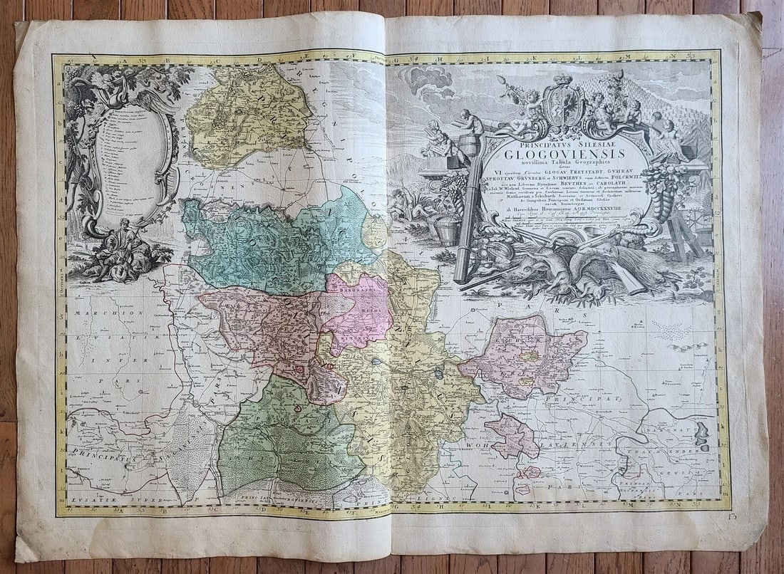 1739 LARGE MAP OF SILESIA POLAND GLOGOVIENSIS antique 25 x 4 3/4": Title: 1739 LARGE MAP OF SILESIA POLAND GLOGOVIENSIS antique 25 x 4 3/4" Description: Principatus Silesiae GLOGOVIENSIS by HOMANN HEIRS Nuremberg, 1739 The land survey was done by J. W. Wieland, and c