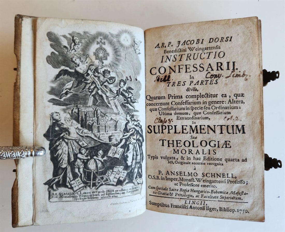 1750 INSTUCTIO CONFESSARII antique HAND TOOLED PIGSKIN BINDING w/CLASPS Theology - 2