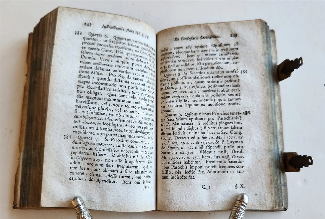 1750 INSTUCTIO CONFESSARII antique HAND TOOLED PIGSKIN BINDING w/CLASPS Theology - 6