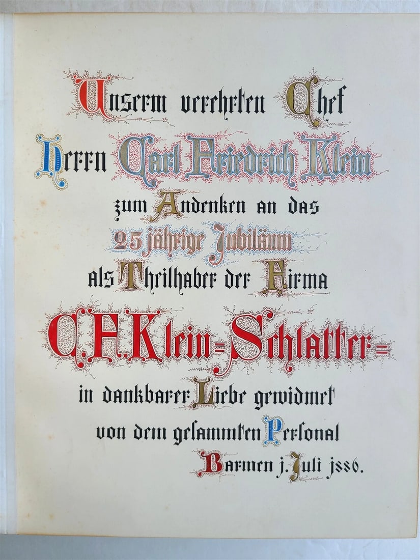 1886 GERMAN MANUSCRIPT ANNIVERSARY ALBUM antique C.F. Klein-Schlatter company - 4