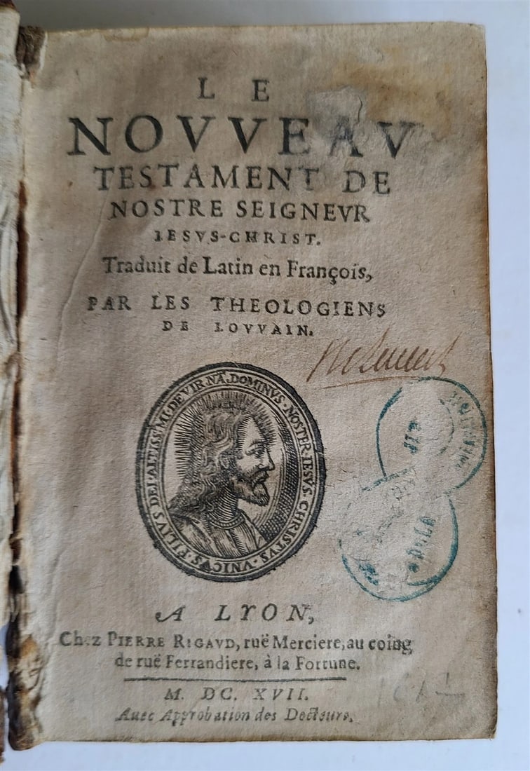 1617 BIBLE in FRENCH LE NOVUEAU TESTAMENT antique FULLY ILLUSTRATED: Title: 1617 BIBLE in FRENCH LE NOVUEAU TESTAMENT antique FULLY ILLUSTRATED Description: LE NOVUEAU TESTAMENT Lyon; 1617 892 pp plus Table of Contents Fully illustrated Original leather binding with