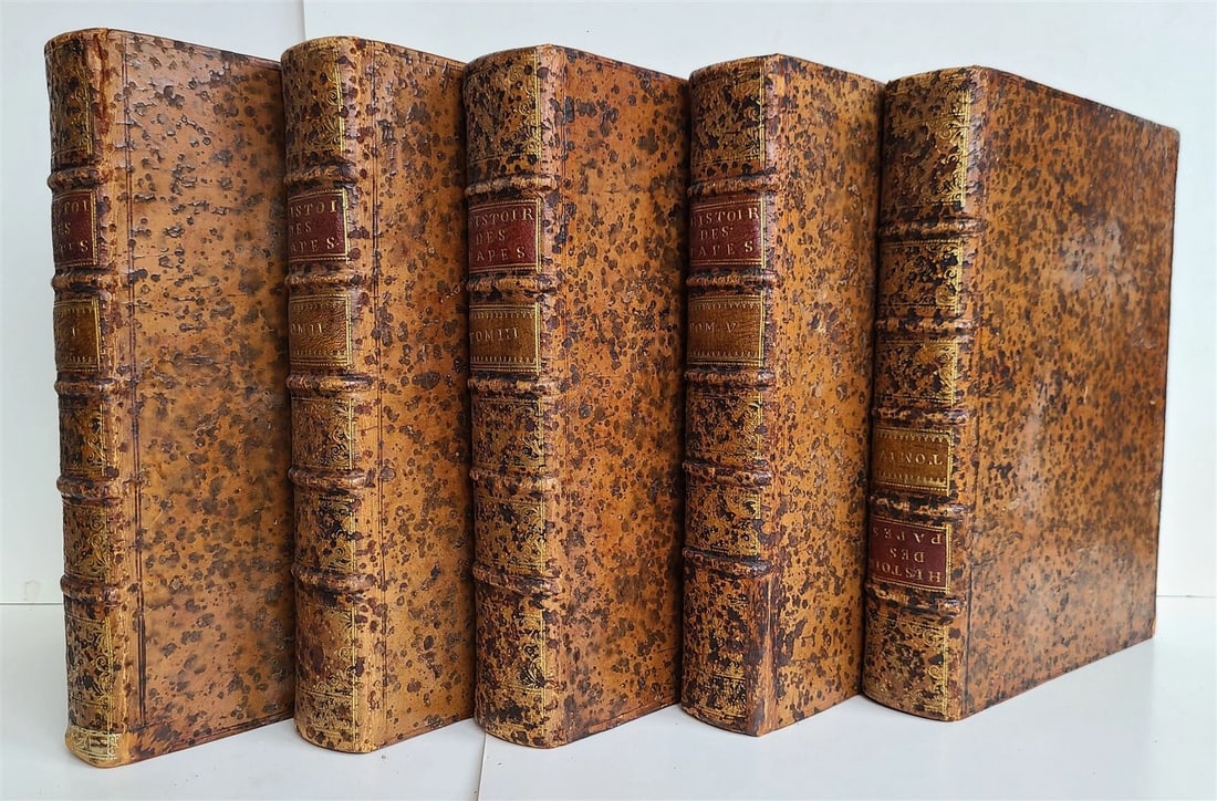 1732 -1734 HISTORY of POPES 5 VOLUMES antique in FRENCH prohibited by church (1 of 7)