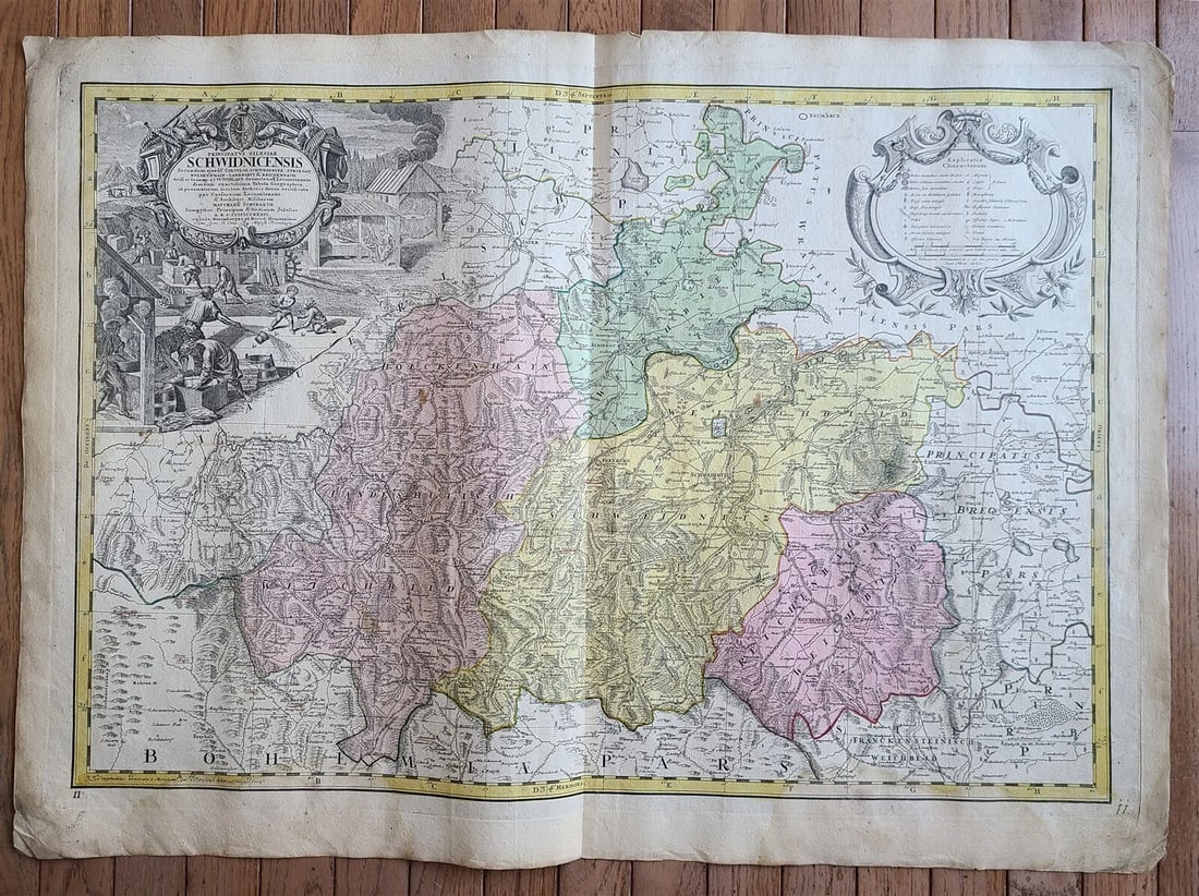 1736 LARGE MAP OF SILESIA POLAND SCHWIDNICENSIS antique 25 x 4 3/4": Title: 1736 LARGE MAP OF SILESIA POLAND SCHWIDNICENSIS antique 25 x 4 3/4" Description: Principatus Silesiae SCHWIDNICENSIS by HOMANN HEIRS Nuremberg, 1736 The land survey was done by J. W. Wieland, a