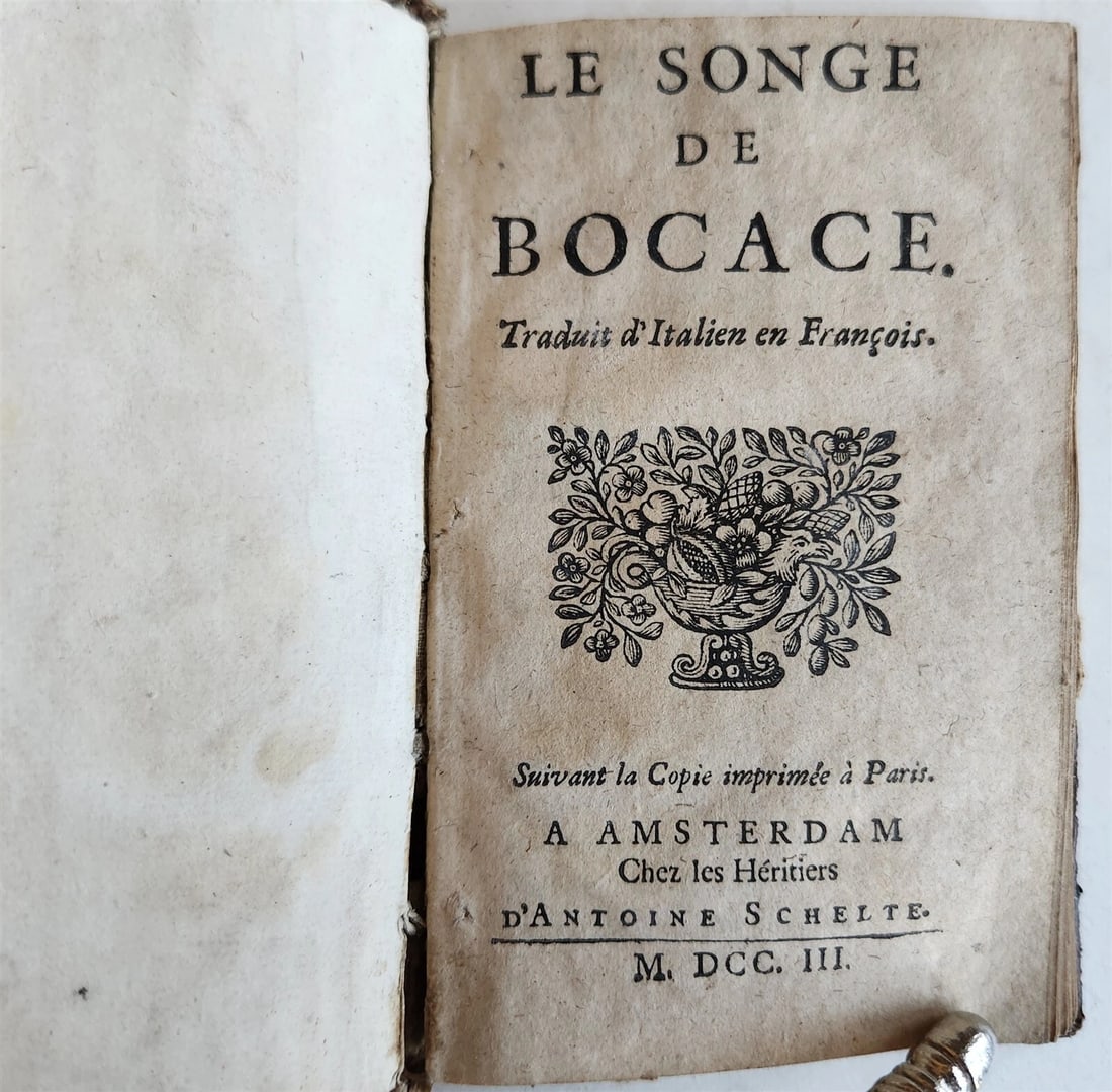 1703 BOCCACCIO Le Songe de Bocace antique in French: Title: 1703 BOCCACCIO Le Songe de Bocace antique in French Description: Le Songe de Bocace. Traduit d'Italien en Francais. Amsterdam, 1703. 6 lvs, 203 pp., 3/4 leather Size 3 by 5" Rare edition, only