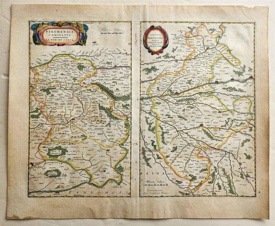 1640 MAP of FRANCE LA PERCHE by WILLEM BLAEU antique AUTHENTIC hand colored (1 of 4)