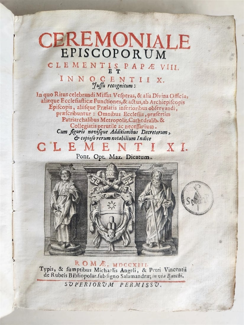 1713 CEREMONIALE EPISCOPORUM antique ILLUSTRATED VELLUM BINDING: Title: 1713 CEREMONIALE EPISCOPORUM antique ILLUSTRATED VELLUM BINDING Description: CEREMONIALE EPISCOPORUM Clementis Papae VIII et Innocentii X Rome; 1713 Engraved title page, 4 lvs., 327 pp., 18 lvs