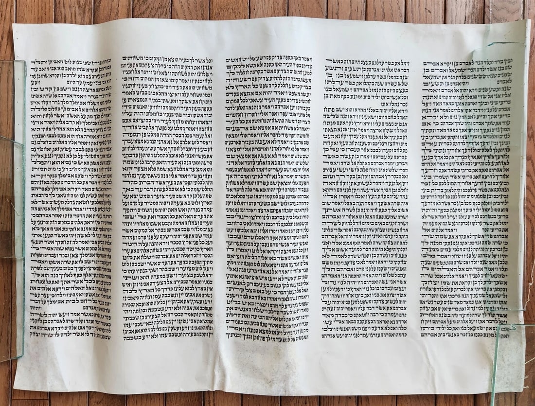 TORAH SCROLL FRAGMENT MANUSCRIPT on VELLUM antique BIBLE GENESIS 16:15 - 21:3 (1 of 10)
