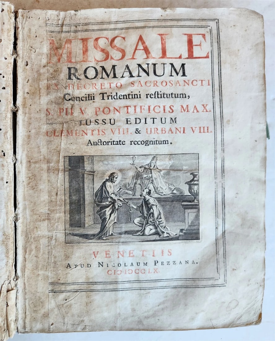 1760 MISSALE ROMANUM antique VELLUM BOUND FOLIO: Title: 1760 MISSALE ROMANUM antique VELLUM BOUND FOLIO Description: MISSALE ROMANUM Venice; 1760 Folio: 9.5 by 12.5" Full vellum binding Some wear, vellum soiled, with discoloration spots Text in Lati