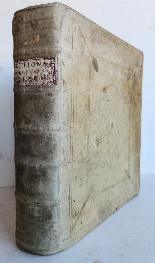 1710 LATIN FRENCH DICTIONARY antique w/ BLIND STAMPED VELLUM BINDING (1 of 10)