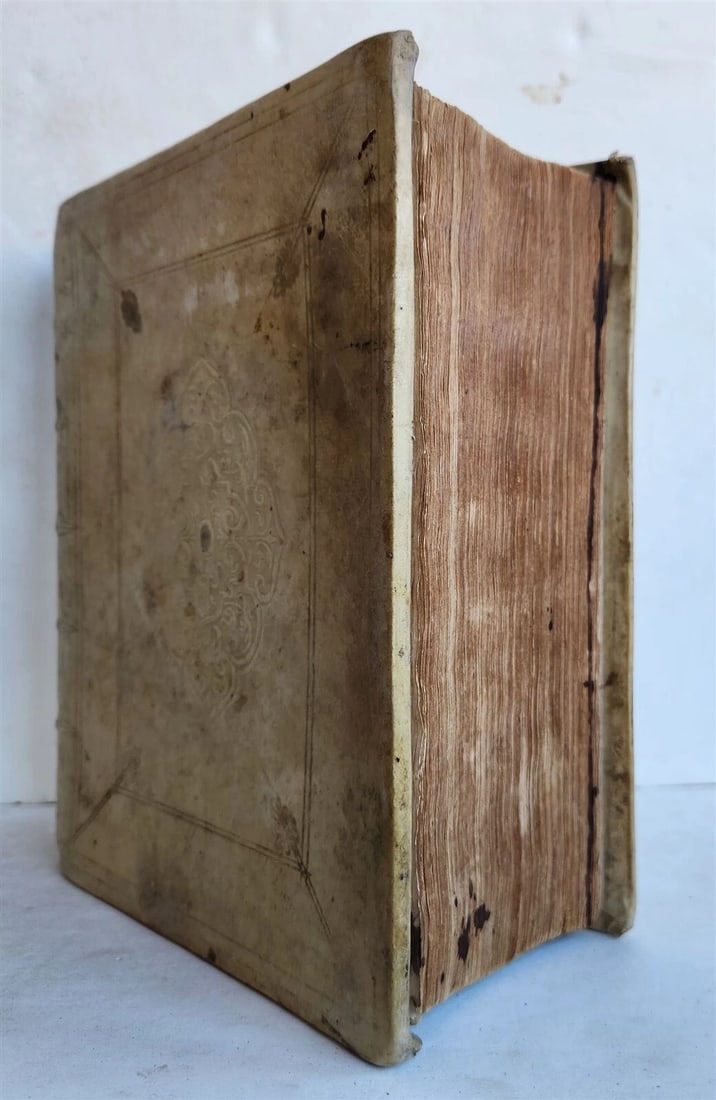 1710 LATIN FRENCH DICTIONARY antique w/ BLIND STAMPED VELLUM BINDING - 2