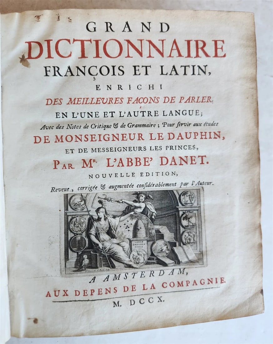1710 LATIN FRENCH DICTIONARY antique w/ BLIND STAMPED VELLUM BINDING - 4