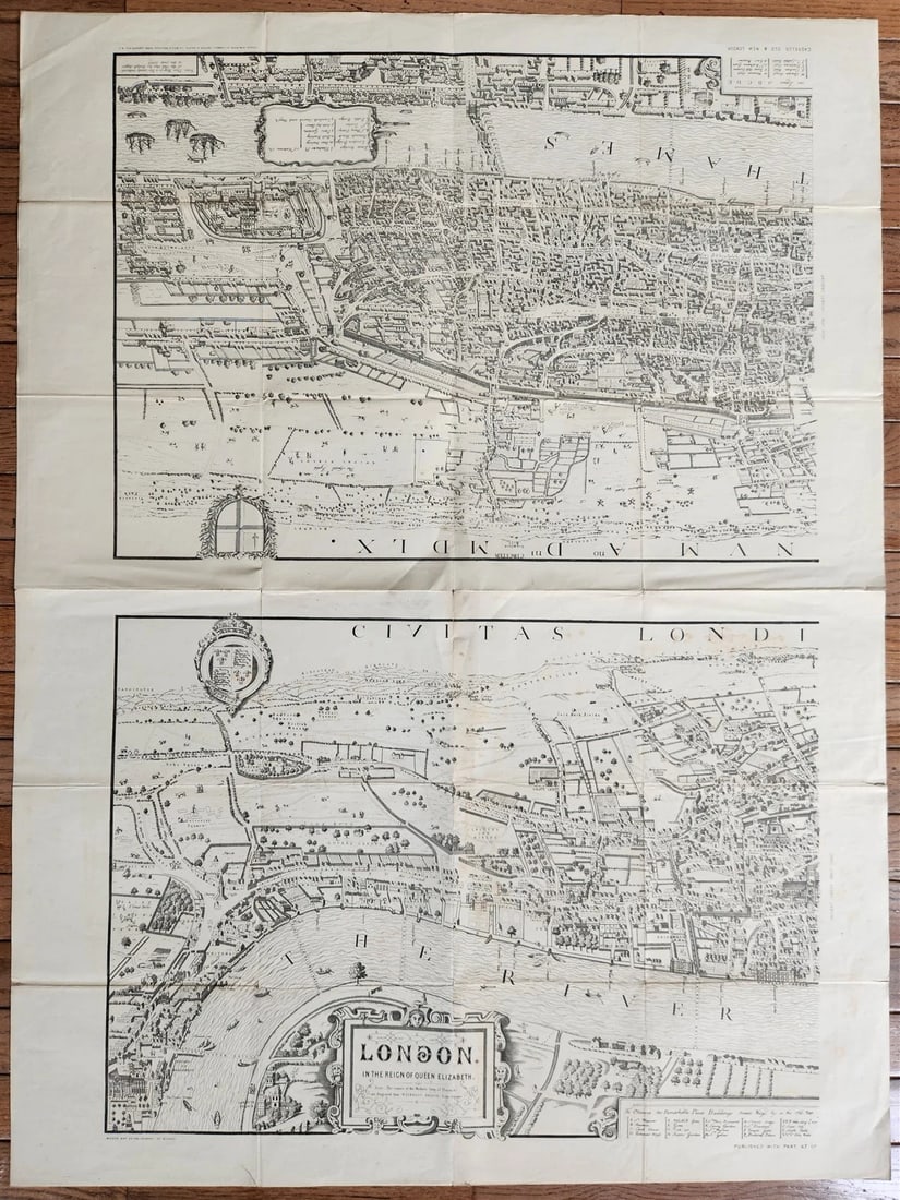 1860s MAP of LONDON in the REIGN of QUEEN ELIZABETH Old & New antique 30 by 40": Title: 1860s MAP of LONDON in the REIGN of QUEEN ELIZABETH Old & New antique 30 by 40" Description: Civitas Londinum ano. dmi. circiter MDLX. Bird's-eye view. "Published with part 67 of Cassell's Old