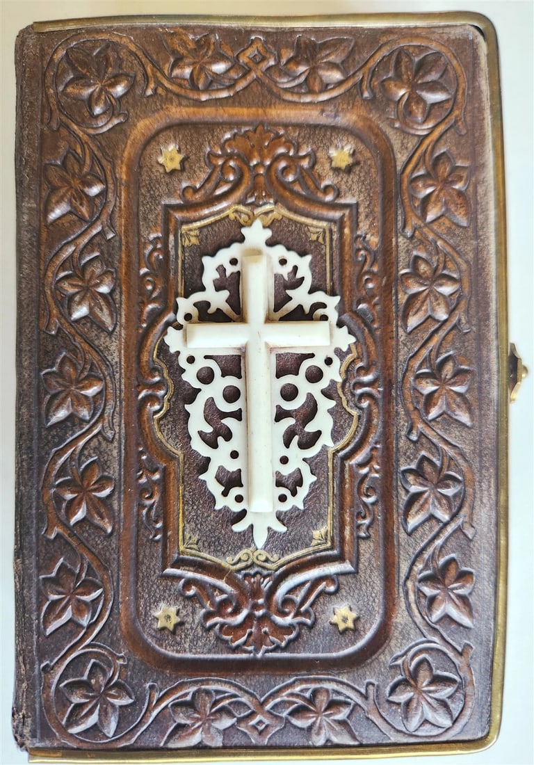 1870s PRAYER BOOK in GERMAN antique APPLIED BONE CROSS BINDING DIE HIMMELSPFORTE (1 of 14)