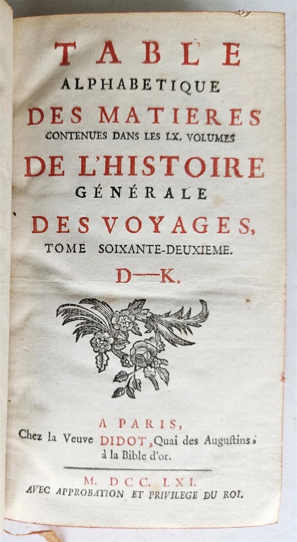 1761 HISTOIRE des VOYAGES antique vol.62 ALPHABETICAL INDEX D - K (1 of 4)