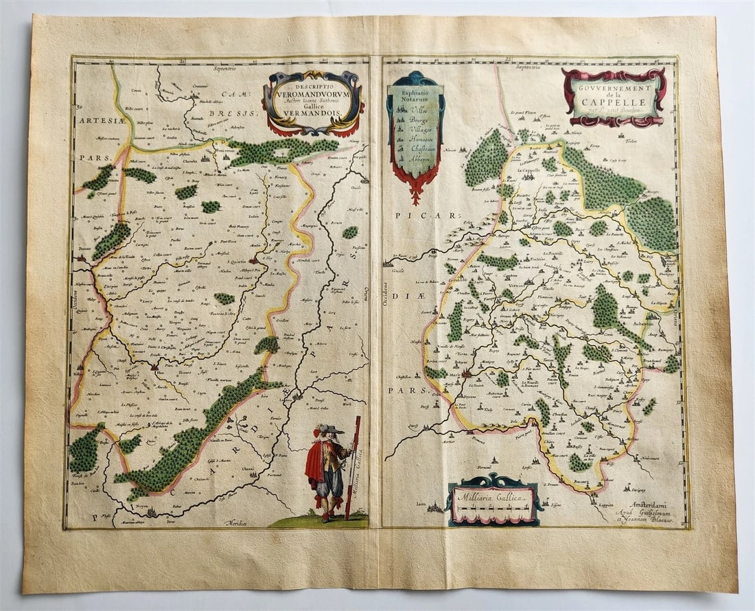 1640 MAP of Vermandois FRANCE by WILLEM BLAEU antique AUTHENTIC hand colored (1 of 5)