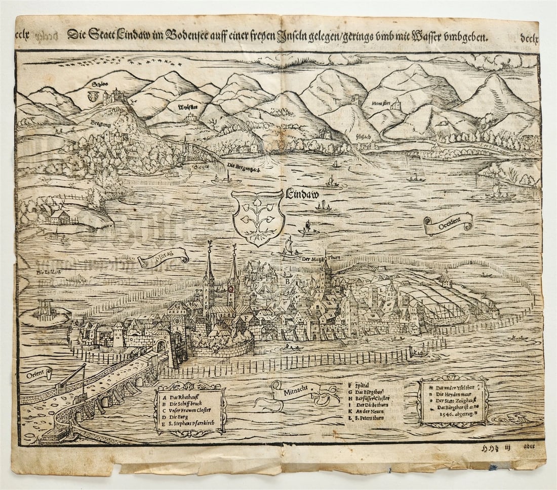 1572 LINDAU GERMANY MAP from SEBASTIAN MUNSTER COSMOGRAPHY antique: Title: 1572 LINDAU GERMANY MAP from SEBASTIAN MUNSTER COSMOGRAPHY antique Description: LINDAU , GERMANY Map from 1572 Sebastian Munster's Cosmography Size 12 1/4 by 14 1/2 inches fold, trimmed margins
