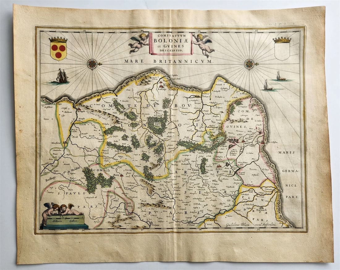 1640 MAP of Boulogne & Guines FRANCE WILLEM BLAEU antique AUTHENTIC hand colored (1 of 6)