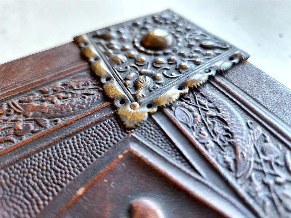 1890 FAMILY CHRONICLE w/ AMAZING BLIND-STAMPED LEATHER BINDING antique - 2