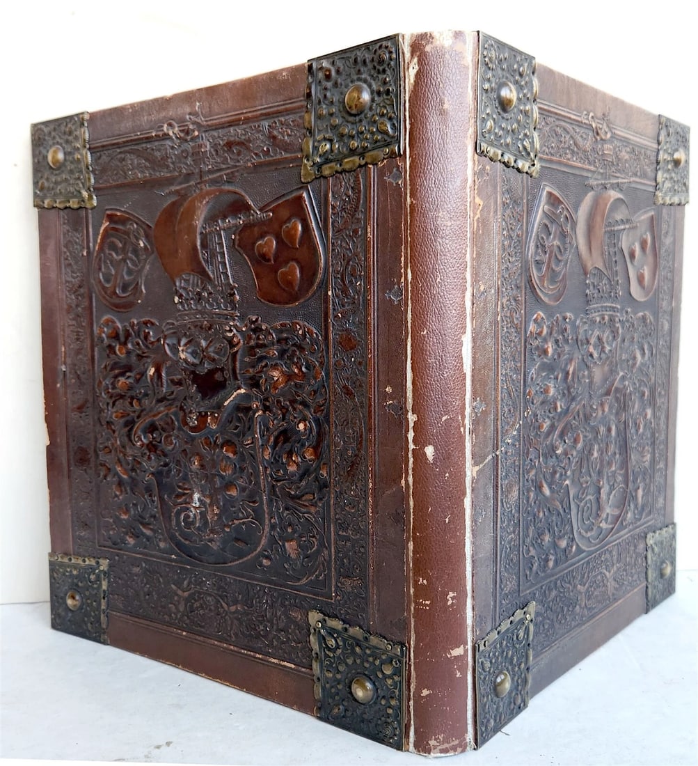 1890 FAMILY CHRONICLE w/ AMAZING BLIND-STAMPED LEATHER BINDING antique - 4