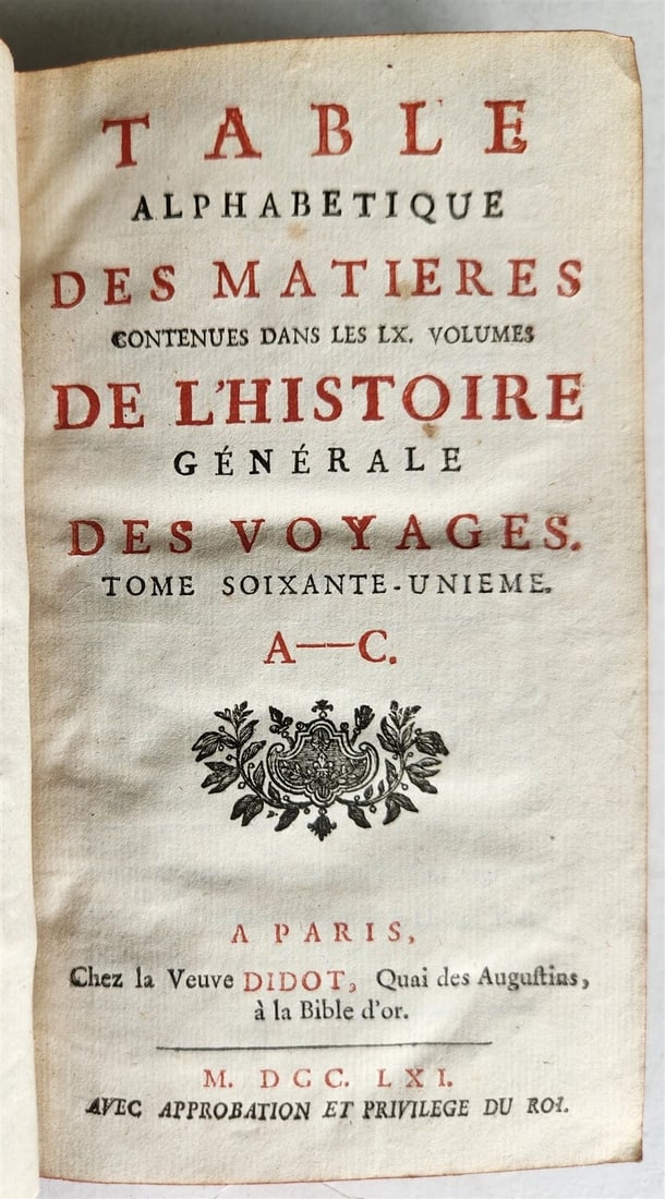 1761 HISTOIRE des VOYAGES antique vol.61 ALPHABETICAL INDEX A-C (1 of 3)