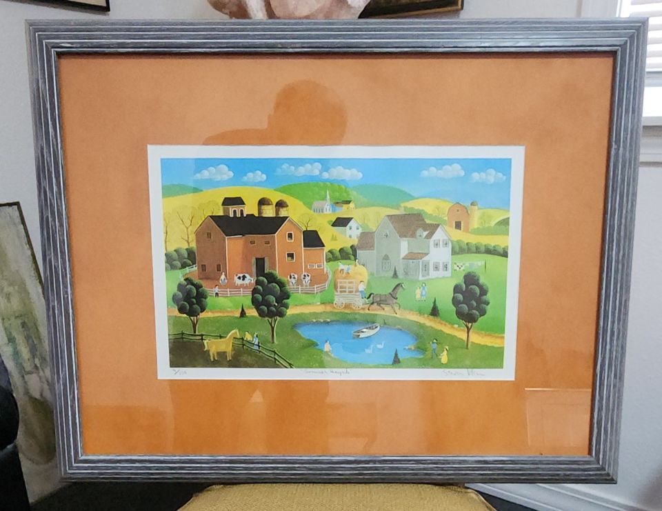 Steven Klein, vintage Ltd. Edition primitive style folk art print Summer Hayride under glass: Title: Steven Klein, vintage Ltd. Edition primitive style folk art print Summer Hayride under glass Description: Steven Klein is a well-established American Artist whose works have been offered at