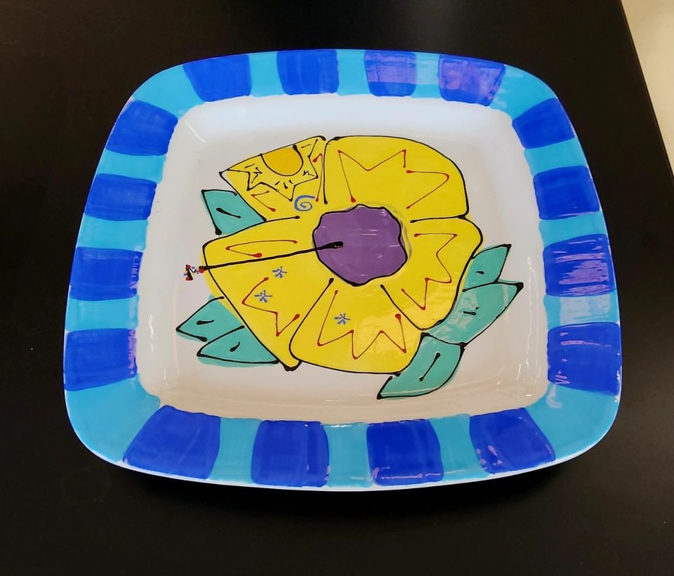 Whimsical vibrant hand- painted colorful art platter by Sandy Shelby. Circa 2006: Title: Whimsical vibrant hand- painted colorful art platter by Sandy Shelby. Circa 2006 Description: Whimsical vibrant hand- painted colorful art platter by Sandy Shelby. Circa 2006 Please note that t