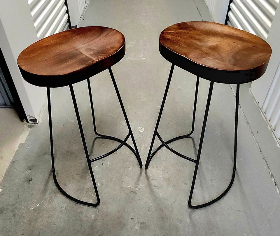 Industrial design pair of mango wood and iron bar stools. Heavy with thick wood seats. Great look. (1 of 4)