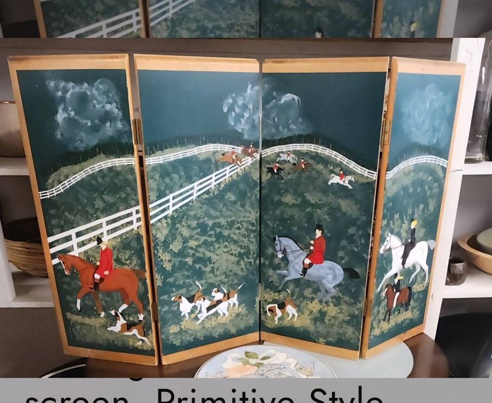 Antique primitive style hand-painted English table screen with a classic fox hunting image: Title: Antique primitive style hand-painted English table screen with a classic fox hunting image Description: 44 in fully opened. About 36 in and a folded standing position for proper display. Height