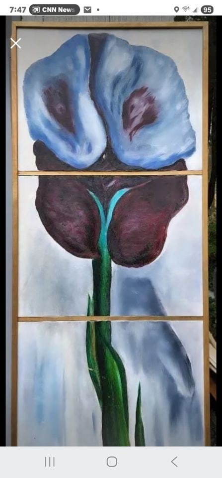 Vintage 60"x24" abstract expressionist oil painting of surreal flower in unique triple-section frame: Title: Vintage 60"x24" abstract expressionist oil painting of surreal flower in unique triple-section frame Description: Vintage 60"x24" abstract expressionist oil painting of surreal flower in unique