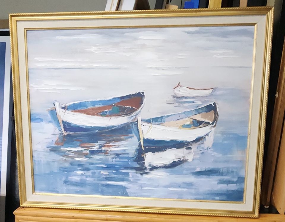 Vintage impasto-style impressionist oil painting of rowboats w/ rich texture and vibrant colors. (1 of 4)