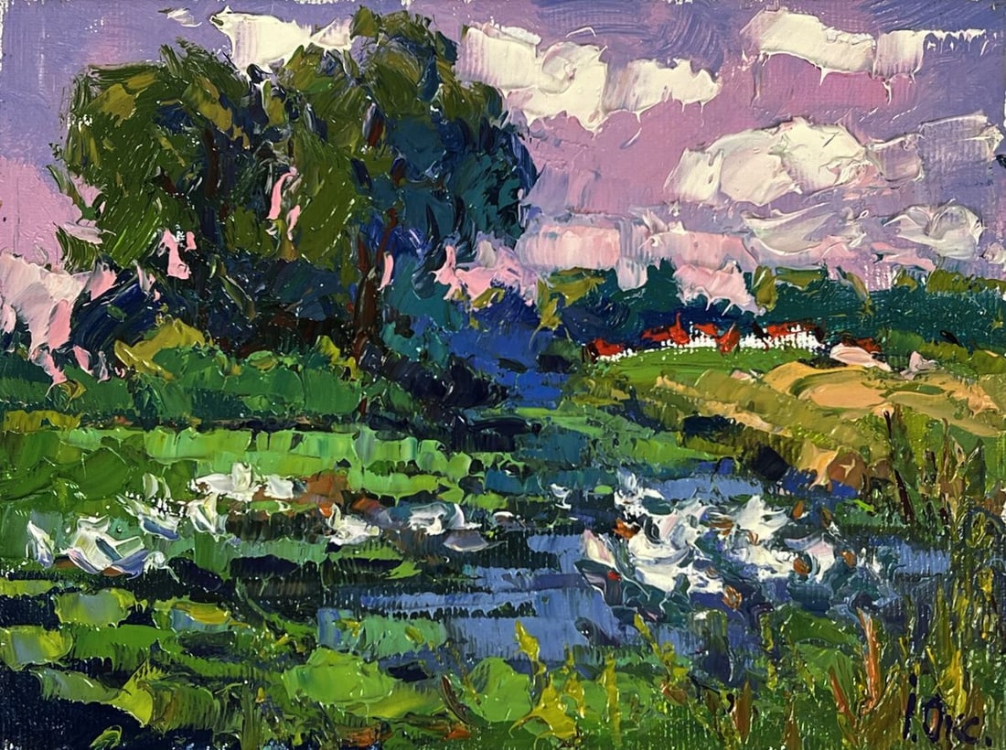 Oil painting Geese are swimming in the lake Oksana Ivanyuk - 3