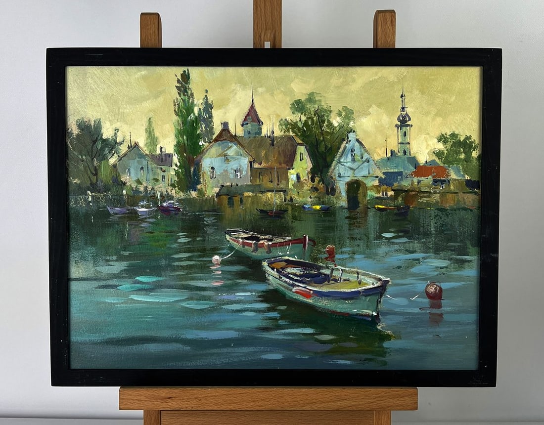 Oil painting Boats are moored in the city Yuriy Suprunchuk: Title: Oil painting Boats are moored in the city Yuriy Suprunchuk Description: No.AAA6252 *** ABOUT THIS PAINTING *** * TITLE: "Boats are moored in the city" * ARTISTS: Yuriy Suprunchuk * SIZE: 